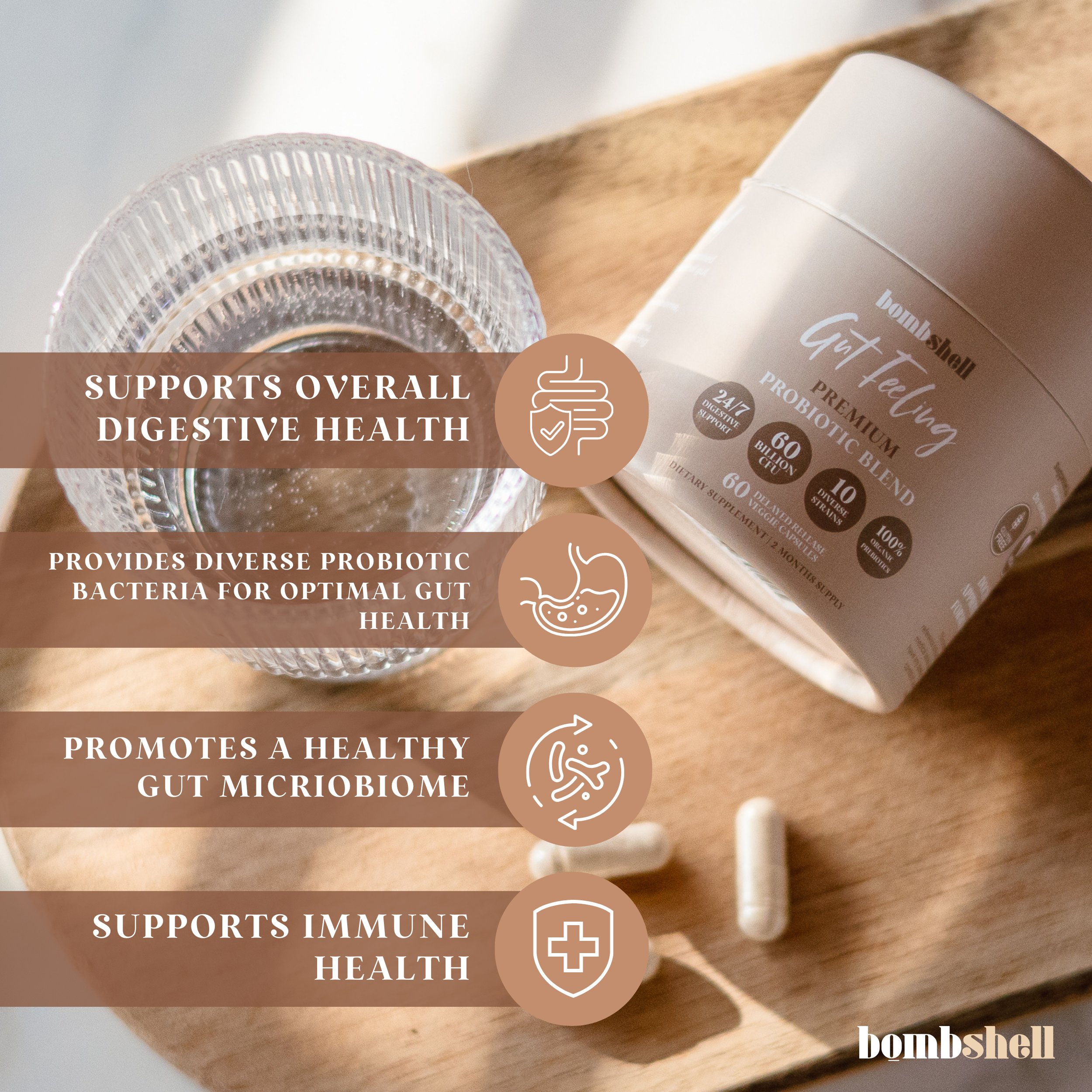 Bombshell Gut Feeling - 60 Billion CFU Daily Probiotic with Organic Prebiotics