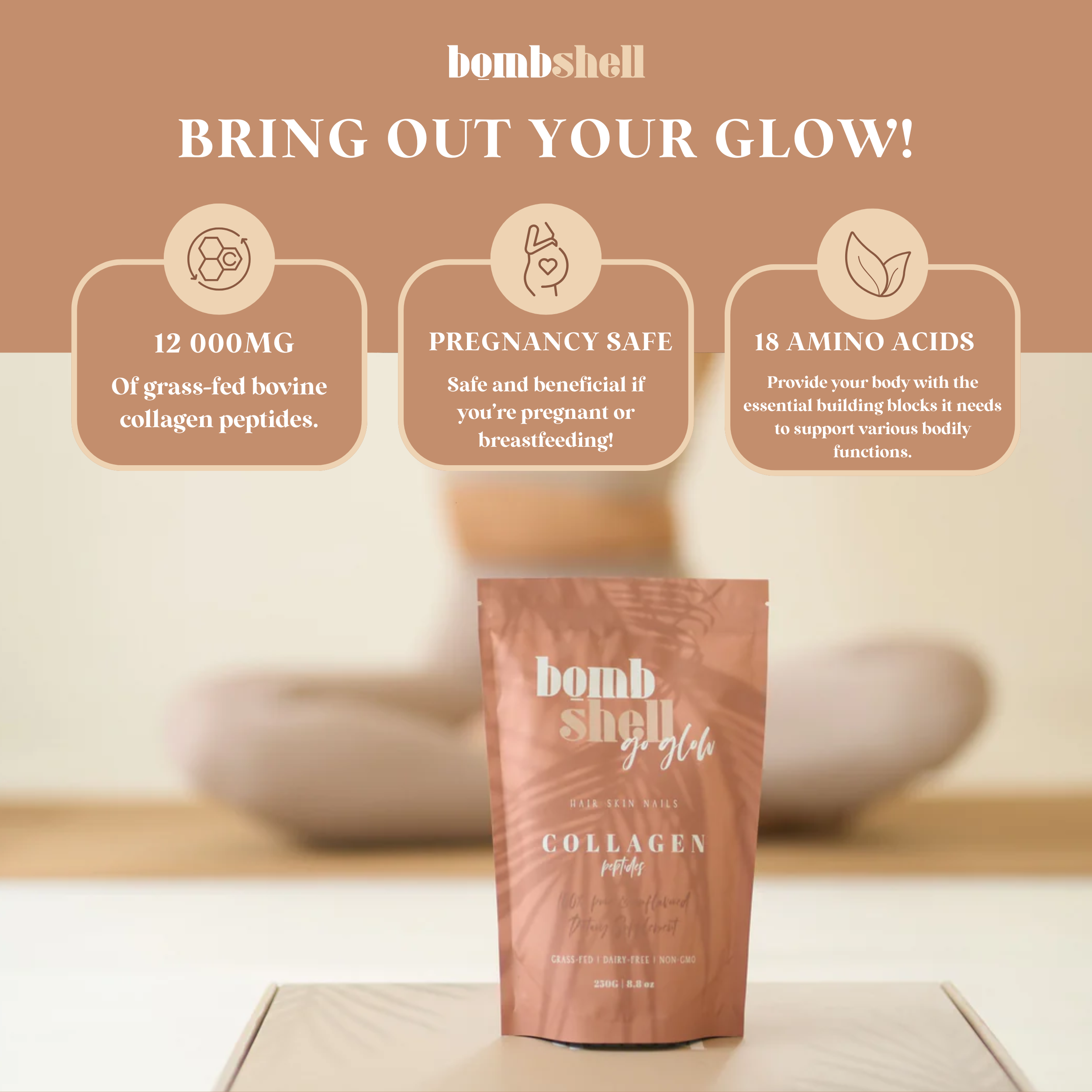 Bombshell Go Glow: Pure Hydrolyzed Bovine Collagen Peptides (250g)