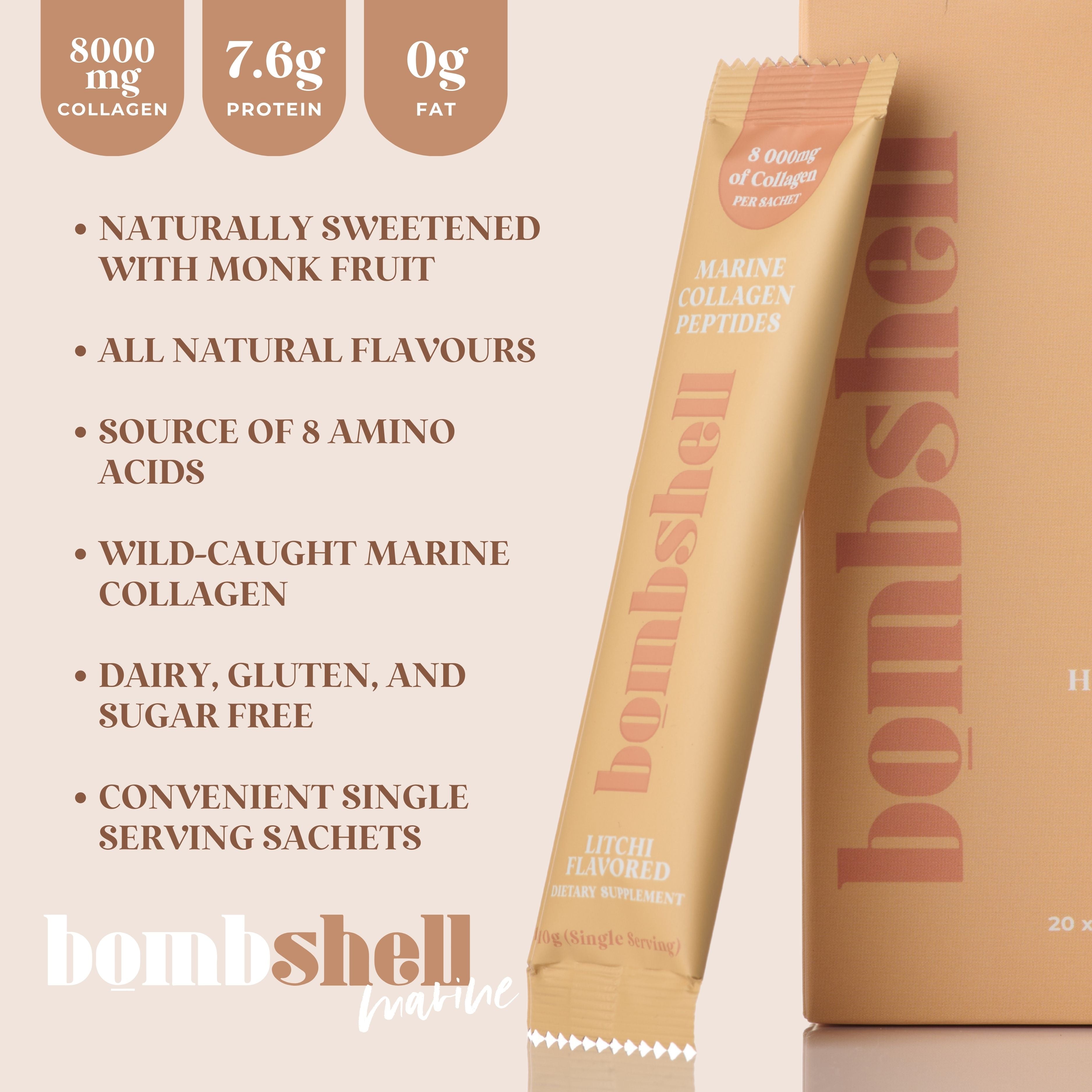 Bombshell Litchi Flavoured Marine Collagen Sachets (20x10g Sachets)