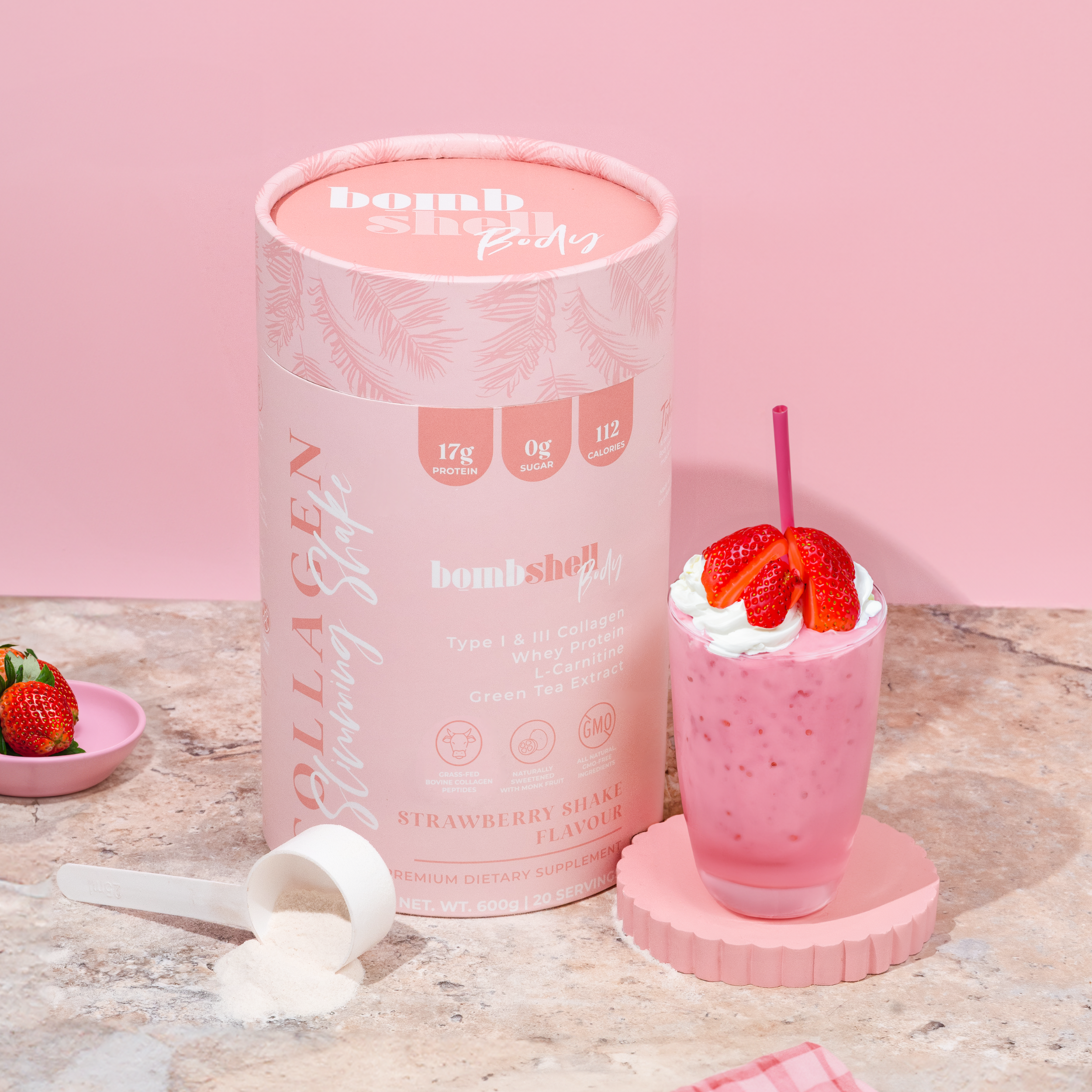 Bombshell Body: Collagen Slimming Shake - Strawberry Shake or Chocolate Cake (600g)