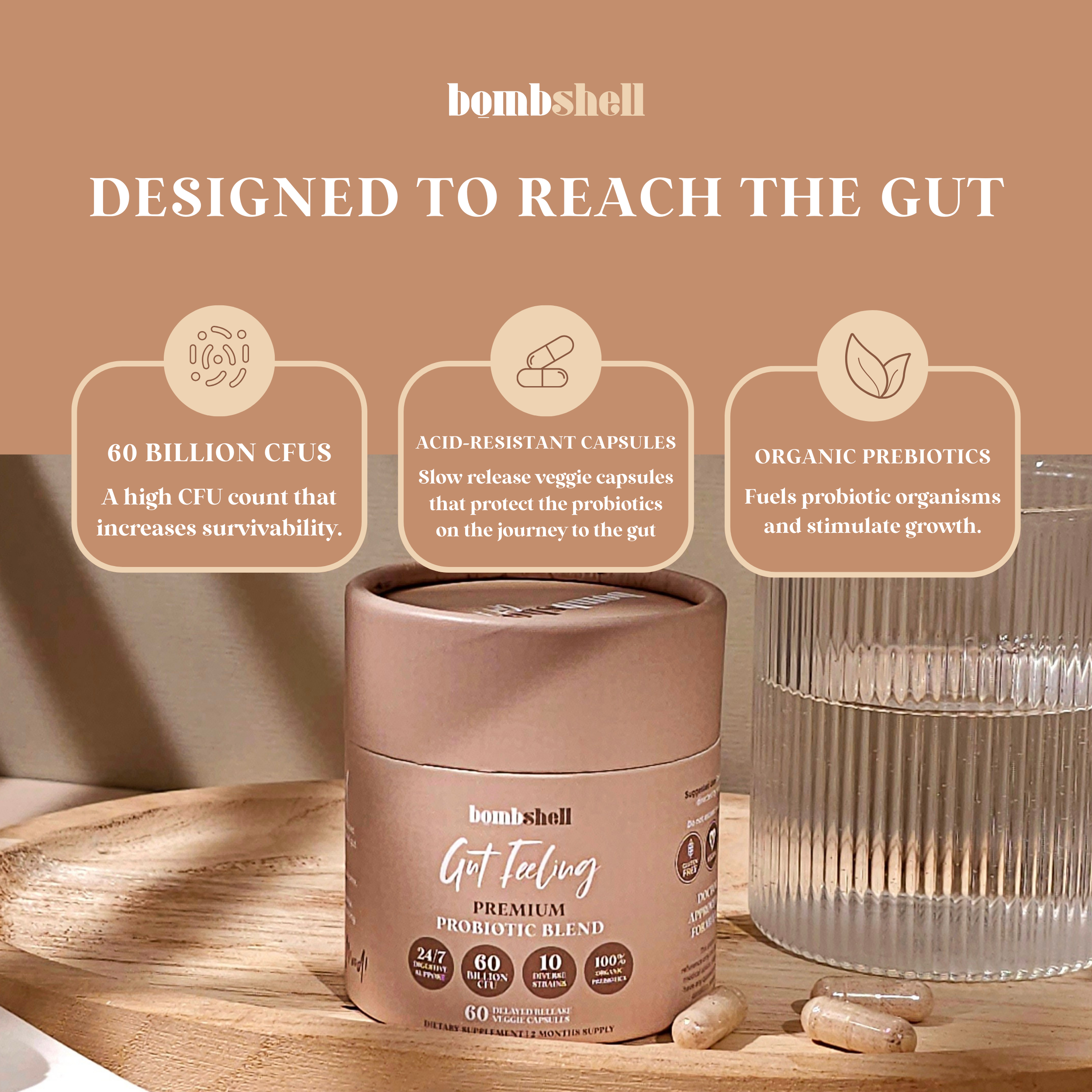 Bombshell Gut Feeling - 60 Billion CFU Daily Probiotic with Organic Prebiotics