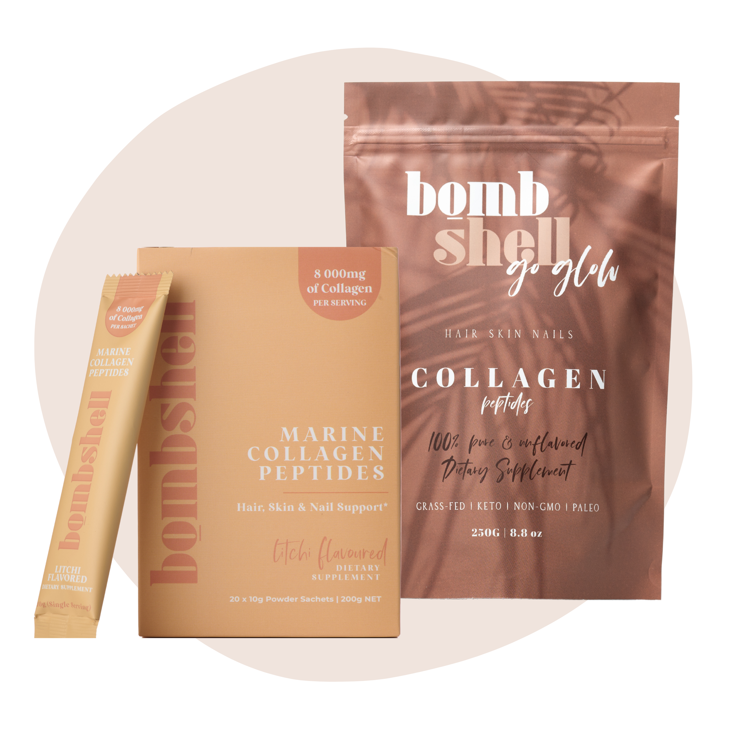 Litchi Anti-Ageing On-the-Go Bundle - Flavoured Marine Sachets & Bombshell Go Glow