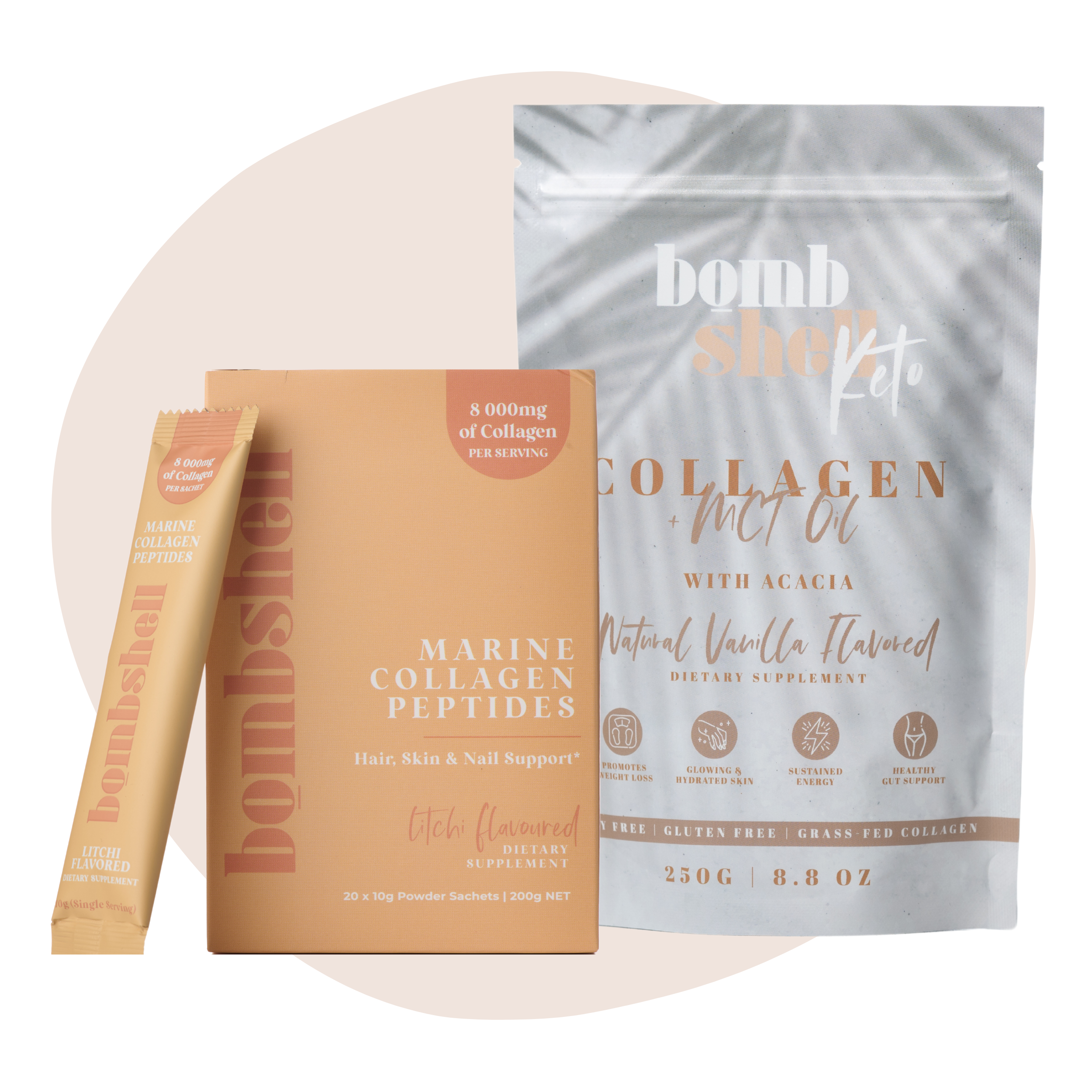 Litchi Body Glow On-the-Go Bundle: Flavoured Marine Sachets & Bombshell Keto