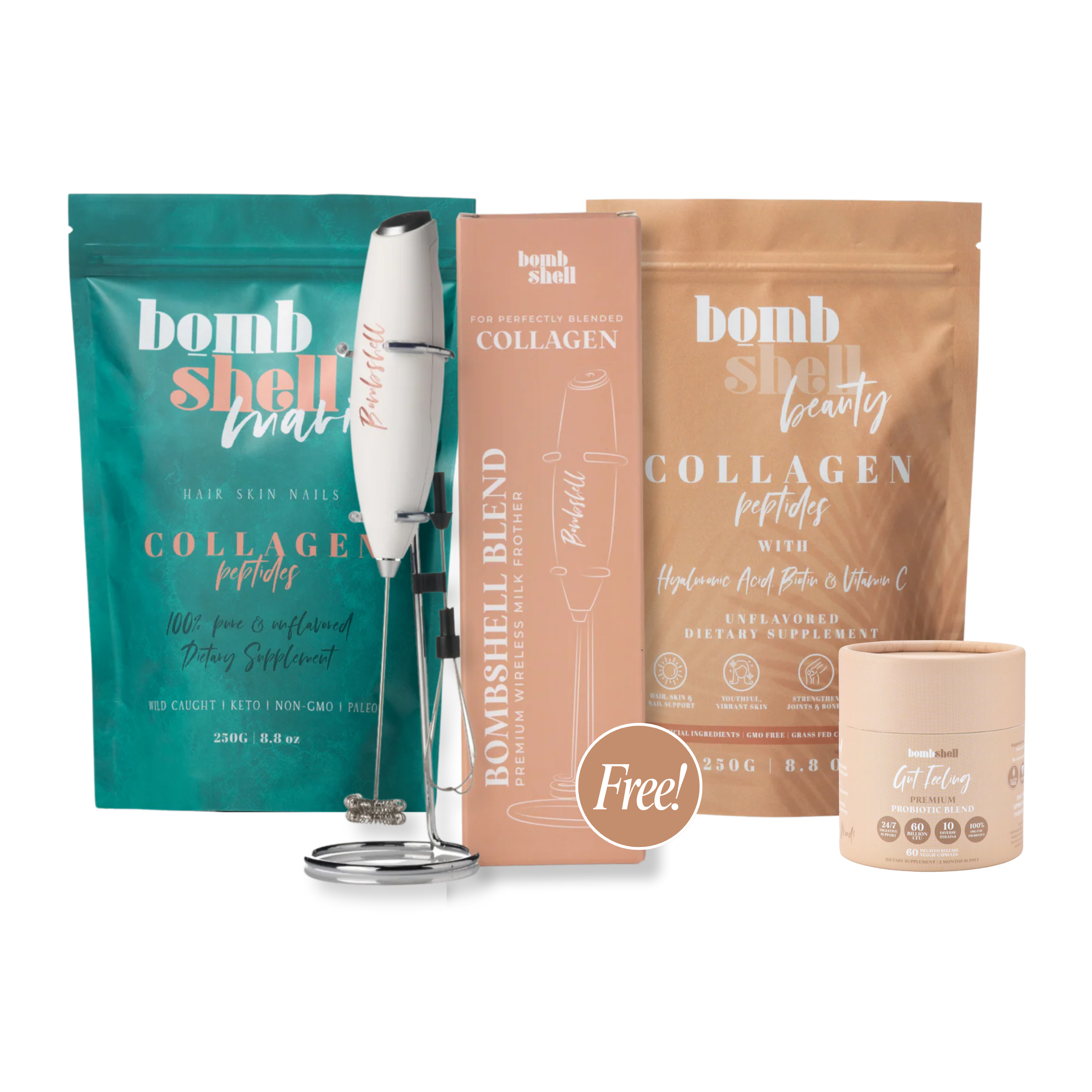 Exclusive Women’s Month Bundle - 250g Beauty Collagen, 250g Marine Collagen, Gut Feeling Probiotics + FREE Bombshell Blend Milk Frother
