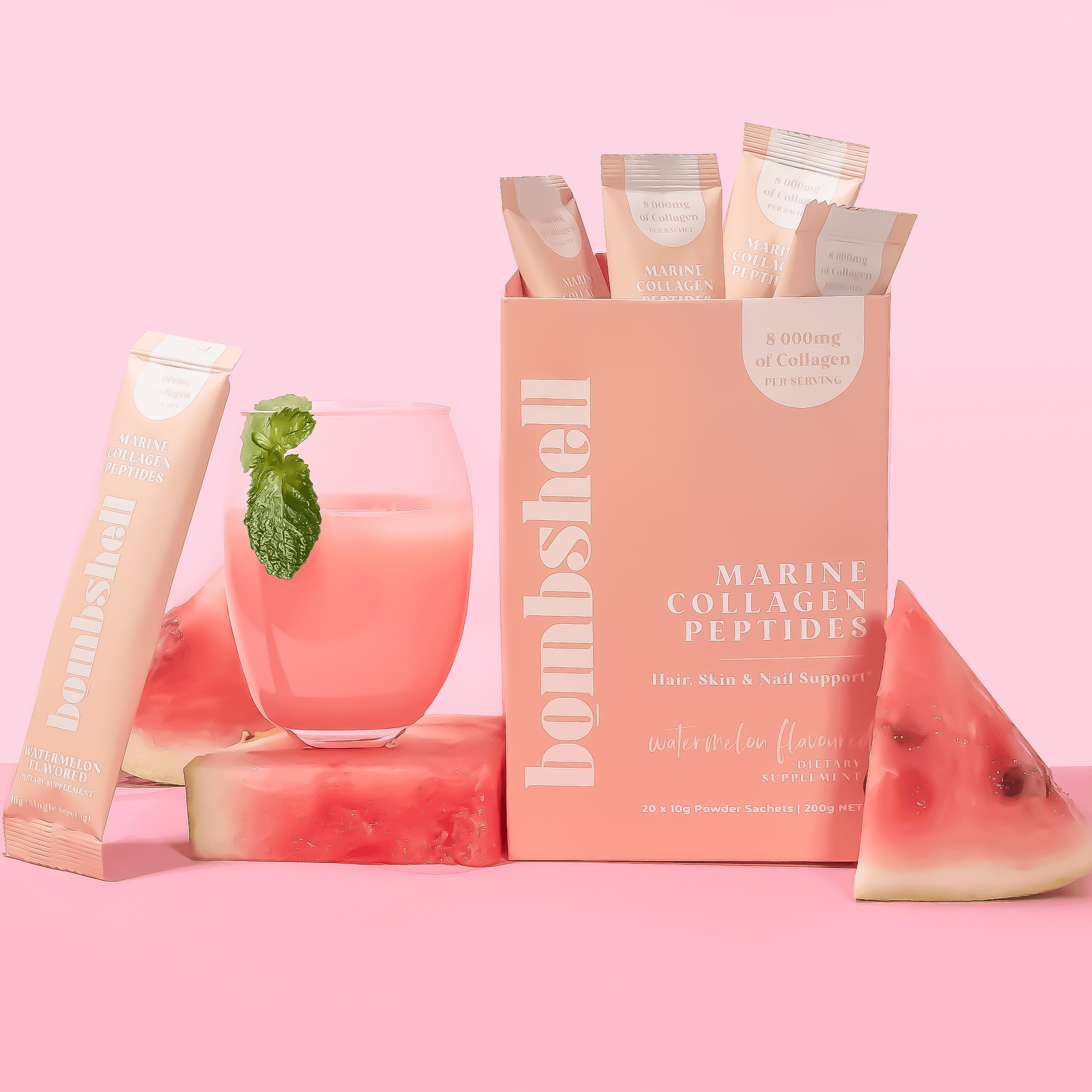 Bombshell Watermelon Flavoured Marine Collagen Sachets (20x10g Sachets) - Bombshell Collagen SA