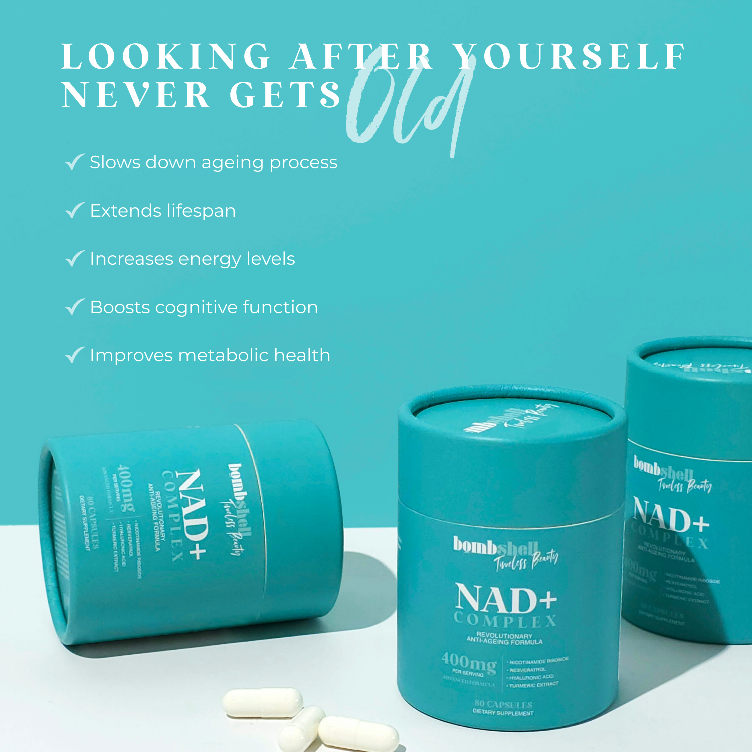 NAD+ Complex: Nicotinamide Riboside, Resveratrol, Hyaluronic Acid & Turmeric Extract - 40 Day Supply