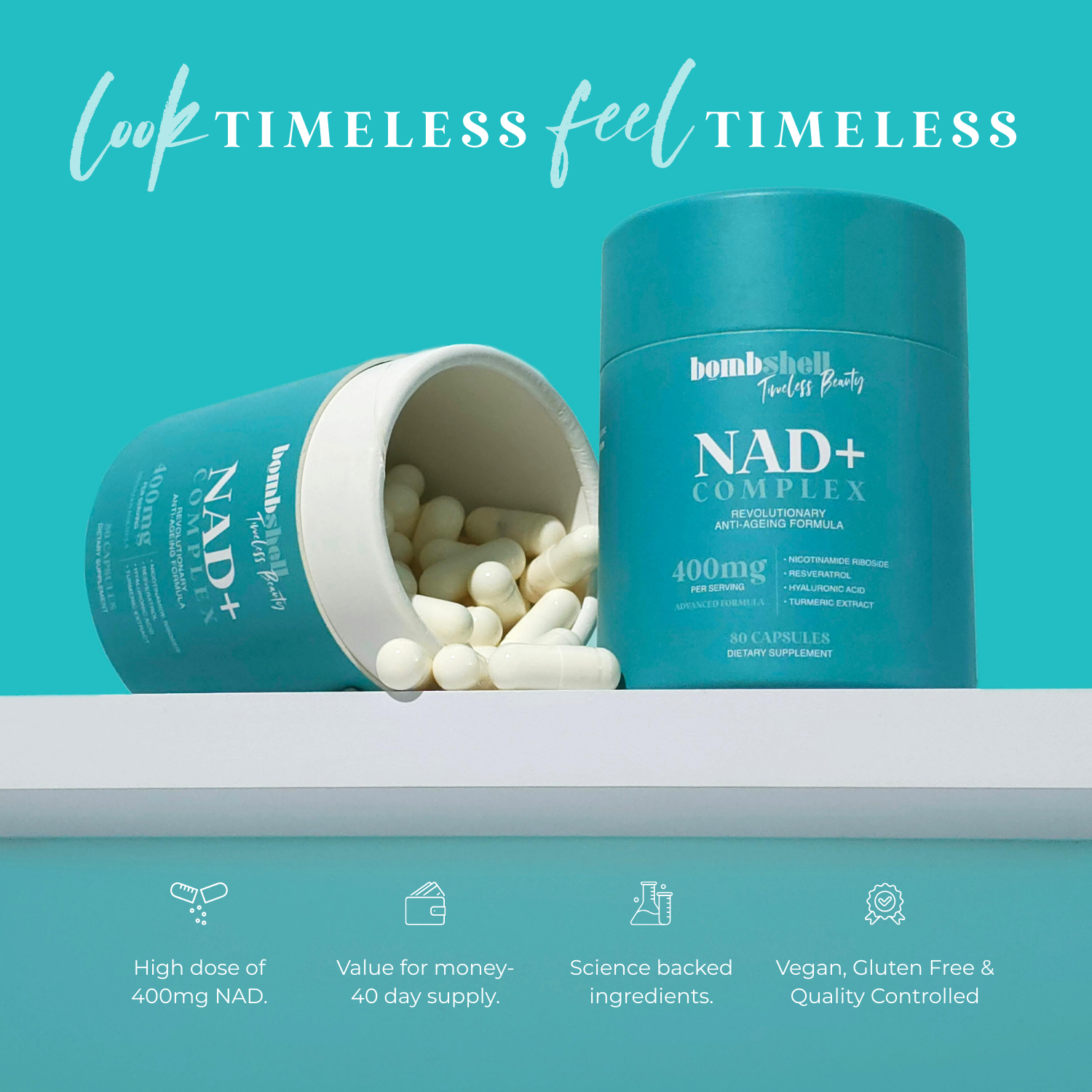 NAD+ Complex: Nicotinamide Riboside, Resveratrol, Hyaluronic Acid & Turmeric Extract - 40 Day Supply