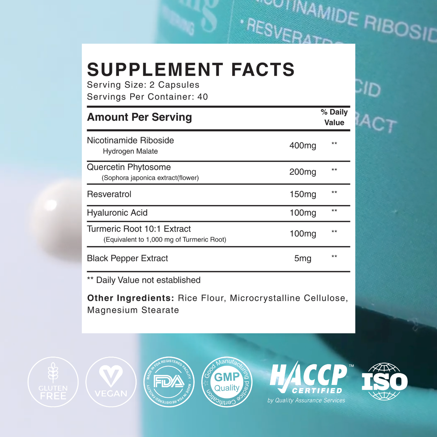 NAD+ Complex: Nicotinamide Riboside, Resveratrol, Hyaluronic Acid & Turmeric Extract - 40 Day Supply